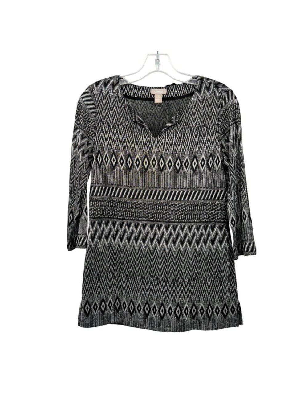 Chico's Womens Metallic Top 3/4 Sleeve Black/Silver Size Small